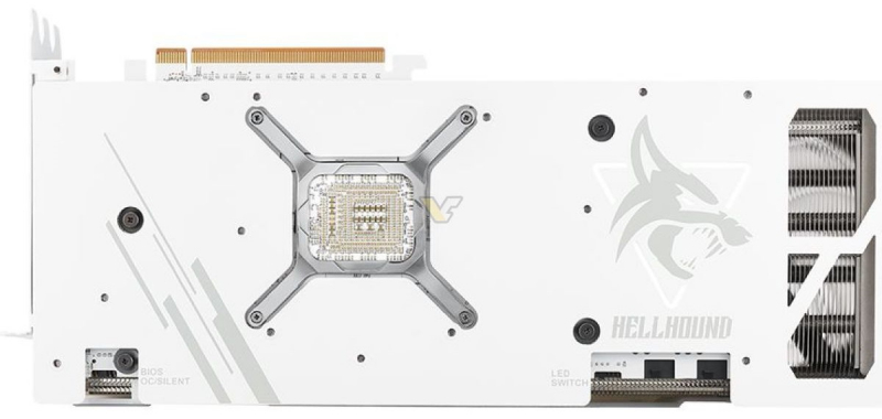 View of the Radeon RX 7900 XT Hellhound Spectral White Edition video card's cooling system