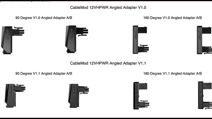 Varieties of CableMod's 12VHPWR angled power adapters