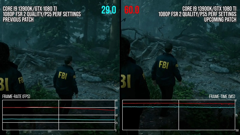 Performance comparison of Alan Wake II on GTX 1080 Ti pre and post-patch (Image source: Digital Foundry)