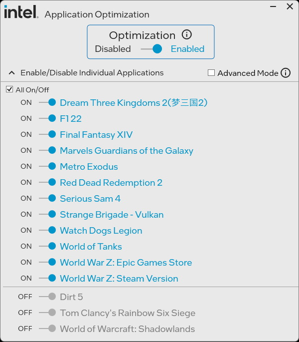  Intel APO settings