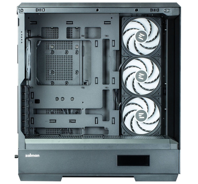 Side view and built-in fans of the computer case
